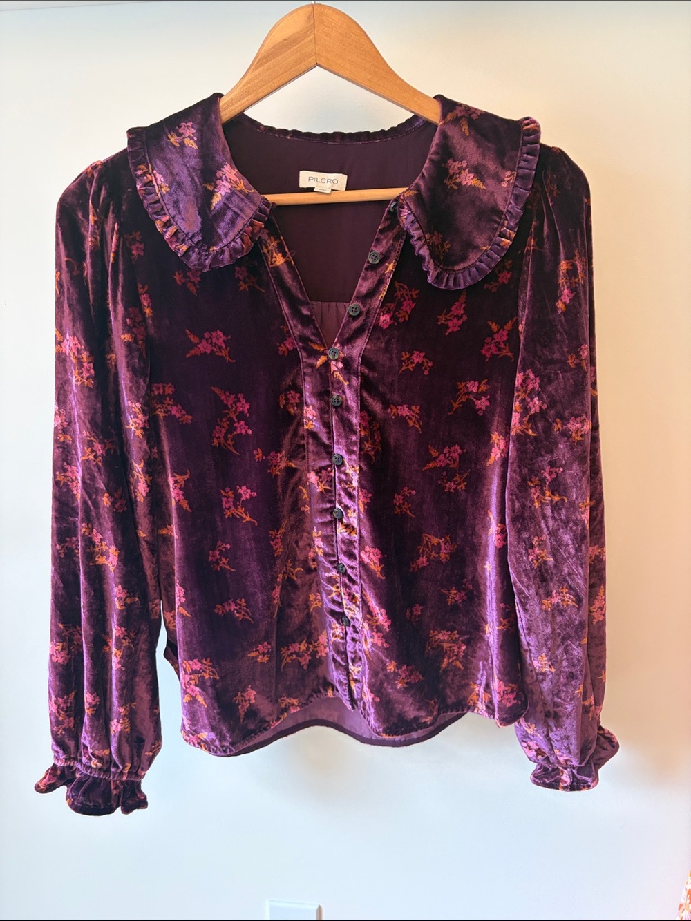 Pilcro Plum Velvet Floral Button-Up Blouse. Anthropologie